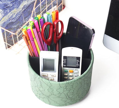 Round Leather Art Supply Organizer,Remote Control Holder,360 Degree Spinning,Multi-Functional Pencil Holder,4 Compartments Desktop Stationary Organizer(1-Lace Flower Green1)