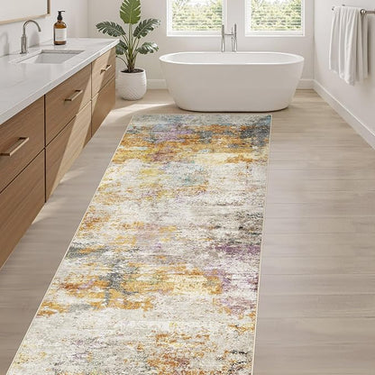 Runner Rug Kitchen Washable Rugs: 2x5 Non-Slip Abstract Soft Modern Stain Resistant Indoor Floor Neutral Accent Throw Carpet for Hallway Bathroom Laundry Room Entryway Bedroom- Gold Colorful