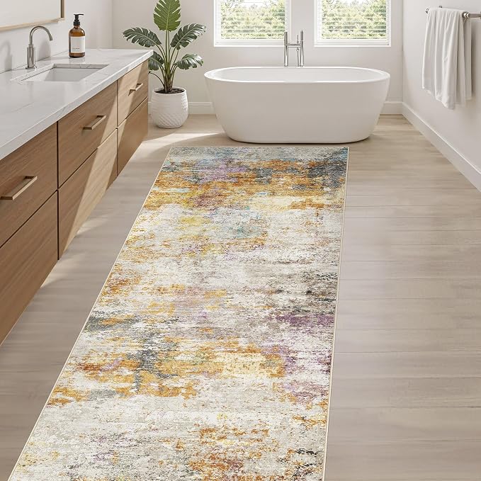 Runner Rug Kitchen Washable Rugs: 3x8 Non-Slip Abstract Soft Modern Stain Resistant Indoor Floor Neutral Accent Throw Carpet for Hallway Bathroom Laundry Room Entryway Bedroom- Gold Colorful