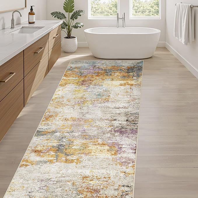 Runner Rug Kitchen Washable Rugs: 2x6 Non-Slip Abstract Soft Modern Stain Resistant Indoor Floor Neutral Accent Throw Carpet for Hallway Bathroom Laundry Room Entryway Bedroom- Gold Colorful