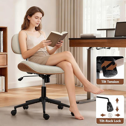 Home Office Chair with Wheels, Adjustable Height Leather Swivel Desk Computer Chair, Armless Modern Walnut Chair for Office, Meeting Room, White