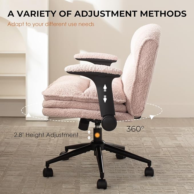 Dowinx Criss Cross Chair with Adjustable Flip-up Arms and Wheels, Comfort Ergonomic Office Desk Armchair with 3 Layer Cushions, Wide Seat Vanity Chair for Home Office, Living Room, Bedroom, Pink