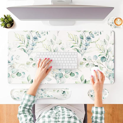 QIYI Leather Desk Mat Set, 4-in-1 Large Mouse Pad with Ergonomic Wrist Rest, Waterproof Desk Pad + Keyboard Wrist Rest + Mouse Wrist Support + Coaster, Non-Slip Office Gaming Accessories, Eucalyptus