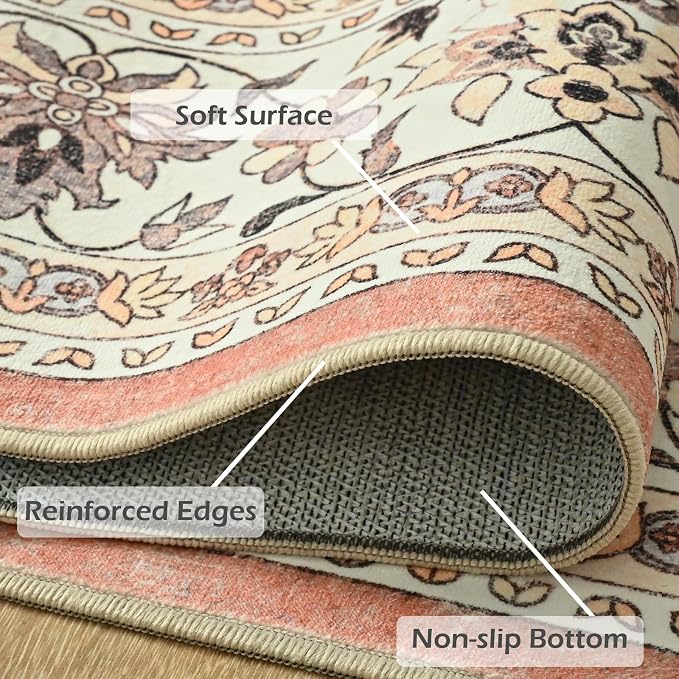 Goideal Washable Rug 6x9, Vintage Area Rugs Non Slip, Indoor Low Pile Carpet with Rubber Backing for Living Room Kitchen Bathroom Entryway Office Bedroom,Dusty Rose