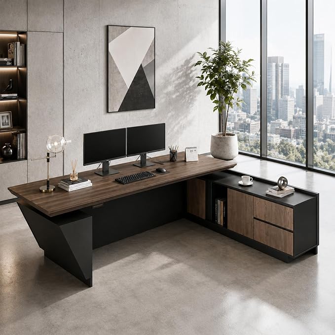 SAINTCY 86.61 in Adjustable Executive Desk - Luxury L Shaped Desk with Drawers, Large Table with File Cabinets, Executive Office Desks with LED Light Strip Home Office Desk for Professionals