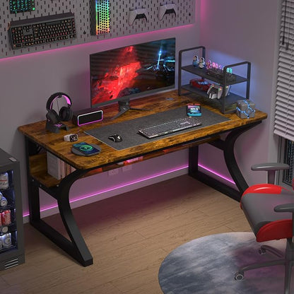 AZN Computer Desk, 55 X 20 inch Computer Desk, Office Desk w/Storage, Large Legroom, Sturdy Metal Frame, Home Office Desks for Gaming Study Writing Work, Waterproof, Scratch-Resistant, Rustic Brown