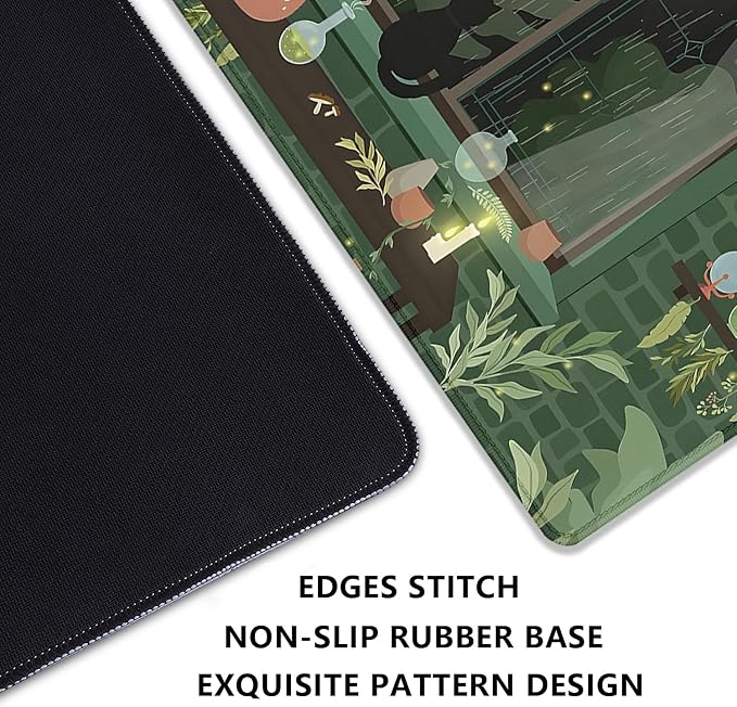 Black Cat Mouse Pad Green Plants Desk Mat Pad Anime Large Gaming Cartoon Cute Mouse Pad,Stitched Edges Non-Slip Waterproof Rubber Base Mous Mat for Office Home Work Gaming(27.5X11.8 in)