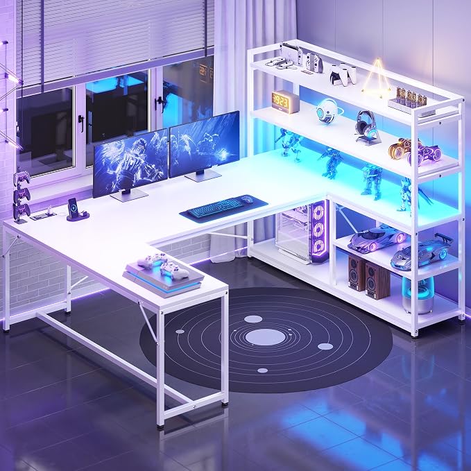 SEDETA L Shaped Computer Desk, 63” Reversible Office Desk or Corner Desk with Storage Shelves, White Gaming Desk with LED Lights, Power Outlet