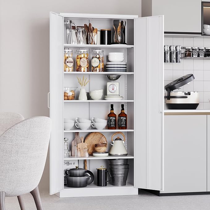 SISESOL Metal Storage Storage Cabinet with 5 Adjustable Shelves,White Metal Cabinet with Locking Doors,Steel Pantry Cabinet with Lock,71" Lockable Storage Cabinet for Home,Office,Garage,Kitchen,Shop