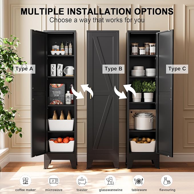 Narrow Bthroom Storage Cabinet Tall Metal Storage Cbinets with 4 Adjustable Shelves Freestanding 5 Tier Slim Pantry Cabinet for Kitchen Office Small Space