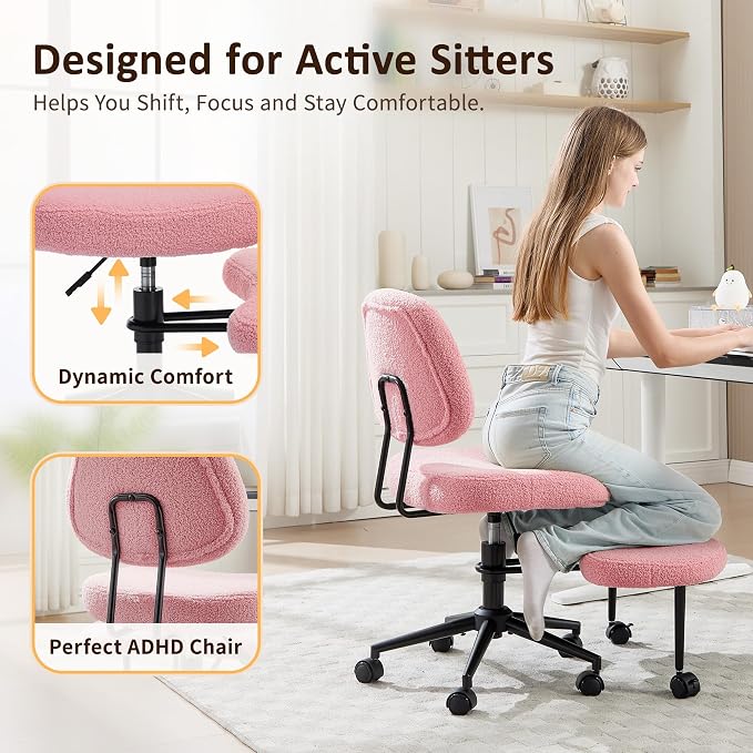 Criss Cross Chair Armless Office Chair for Cross Legged Sitting, 300lb Heavy Duty Ergonomic Desk Chair for ADHD, Adjustable Meditation Yoga Kneeling Chair with Brake Wheels for Home Office (Pink)