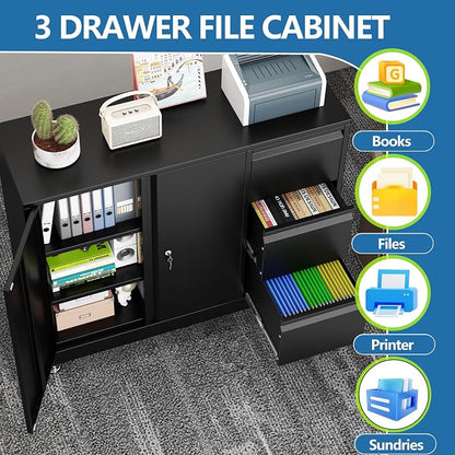 pozdeg Lockable Lateral File Cabinet with Gooseneck Handle, 3 Drawer Mobile Rolling File Cabinet with Wheels, Anti-Rust Sturdy Steel Cabinet for Home Office Workspace Organization (Black)