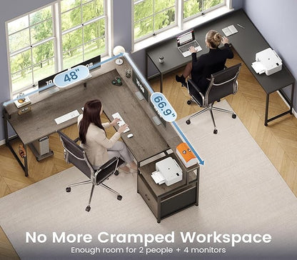 SEDETA 66" L Shaped Desk with Power Outlet, Reversible Home Office Computer Desk with File Drawer & Monitor Shelf, Storage Shelves, LED Lights for Corner Small Spaces, Walnut