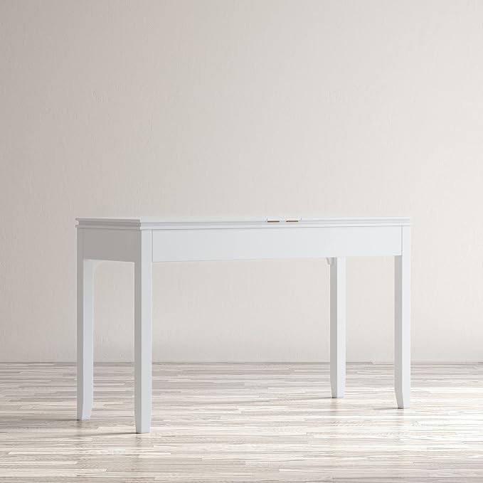Jofran Mid-Century Modern Acacia Wood Writing Desk with 3 Drawers and USB Charging Port, 48 Inch Computer Desk for Home Office Work, Blanc