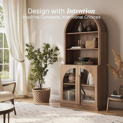 BELLEZE 71" Tall Storage Cabinet with Glass Door, Sideboard Buffet Cabinet with Adjustable Shelves for Pantry and Kitchen Organizing, 5-Tier Modern Storage Unit for Living Room Home Office, Camel