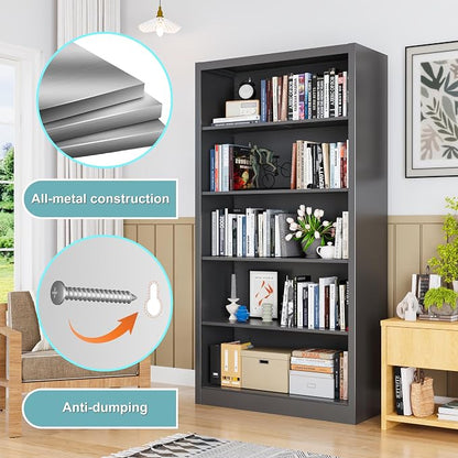 Bookcase, 5 Tier Bookshelves, 14" Deep Book Case for Book/Decor/CD/Movie, Metal Adjustable Book Shelf, 66" Tall Modern Bookshelf for Bedroom Living Room Home Office School (Black, 66"Hx33"Wx14"D)