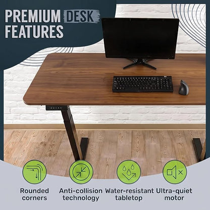 TechOrbits Electric Standing Desk Frame 60 x 24 Inch Tabletop - Motorized Workstation Two Leg Stand Up Desk with Memory Settings and Telescopic Sit Stand Height Adjustment (Black Frame/Wood BrownTop)