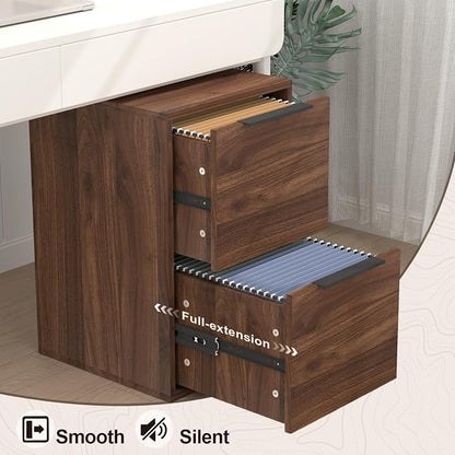 2 Drawer File Cabinets, Wood File Cabinet with Hanging Bar for Letter Size, Modern Farmhouse Under Desk Drawer, Printer Stand Small Filing Cabinets for Home Office, Dark Walnut