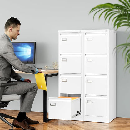 SISESOL 4 Drawer File Cabinet with Lock and Tag,White Vertical File Cabinet,Narrow Locking Filing Cabinets with Drawers,Metal Filing Storage for Home Office Fit A4 Legal/Letter Size