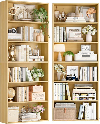 FOTOSOK 6-Tier Open Bookcase and Bookshelf, Freestanding Display Storage Shelves Tall Bookcase for Bedroom, Living Room and Office,Natural Set of 2