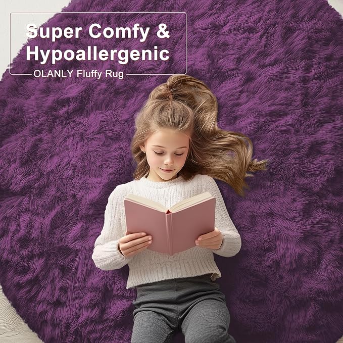 OLANLY Dark Purple Round Rugs for Bedroom - Machine Washable, 8 ft Circle Area Rugs for Living Room, Soft and Fluffy Shaggy Carpet for Teen Girl and Boys, Nursery Rooms, Dorms, Home Decor Aesthetic