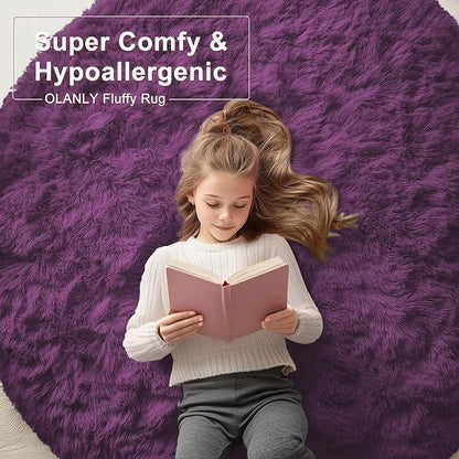 OLANLY Dark Purple Round Rugs for Bedroom - Machine Washable, 2 ft Circle Area Rugs for Living Room, Soft and Fluffy Shaggy Carpet for Teen Girl and Boys, Nursery Rooms, Dorms, Home Decor Aesthetic