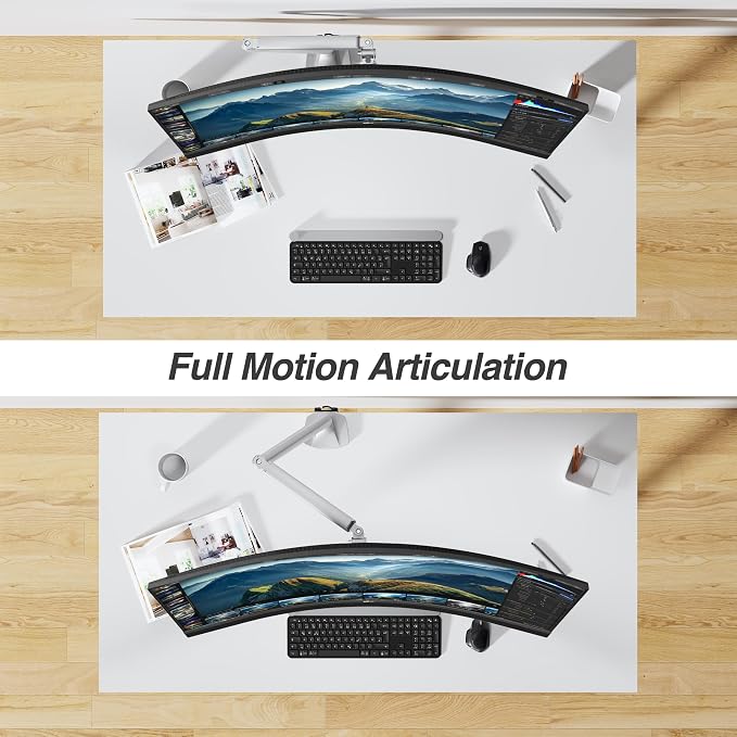 AVLT Single Monitor Arm Desk Mount for 17-45" Screens, Heavy Duty - Gray | Supports flat, curved or ultrawide screens up to 26.4 lbs. Mechanical spring, 4 VESA patterns and tool-free cable management.