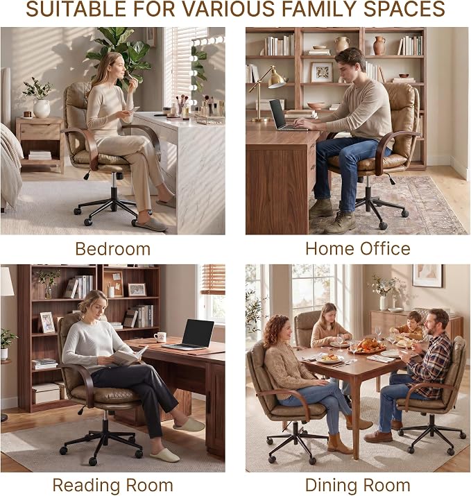 KISLOT Home Office Desk Chair, Ergonomic Office Chair with Lumbar Support, Adjustable Swivel Computer Chair with Wheels, Faux Leather Executive Task Chair with Wood Arms, Brown