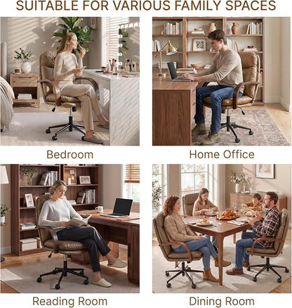 KISLOT Home Office Desk Chair, Ergonomic Office Chair with Lumbar Support, Adjustable Swivel Computer Chair with Wheels, Faux Leather Executive Task Chair with Wood Arms, Brown