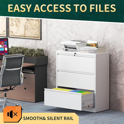 3 Drawer Lateral File Cabinet with Lock, Metal Lateral File Cabinets for Home Office, Steel Heavy-Duty Filing Storage Cabinet for Letters/Legal/A4 (Require Assembly, White)