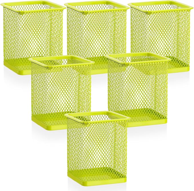 Segarty Pen Cup Holder, 6 Pack Square Light Green Pen Holder for Desk, Cute Mesh Pencil Cups Containers for Marker, Office Supply, School Students, Home, Desktop Accessories Storage Organizer