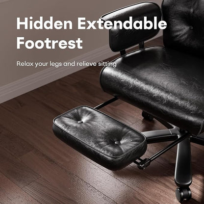 SeekFancy Reclining Criss Cross Office Chair with Wheels & Arms, Black | Button-tufted PU leather; retractable footrest; 400 lbs capacity; 10% thickened wide cushion; retro executive design.