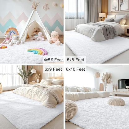 OLANLY 6x6 Area Rugs for Living Room Bedroom, Machine Washable Soft Fluffy Shaggy Bedside Rug, Indoor Floor Carpet for Kids Girls and Boys, Dorms, Nursery Rooms, Home Decor Aesthetic, White