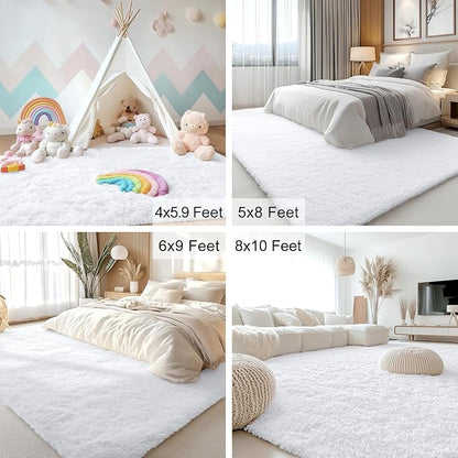OLANLY 7x12 Machine Washable Large Area Rugs for Living Room, Bedroom, Soft Fluffy Shaggy Bedside Rug, Indoor Floor Carpet for Kids Girls and Boys, Dorms, Nursery, Home Decor Aesthetic, White