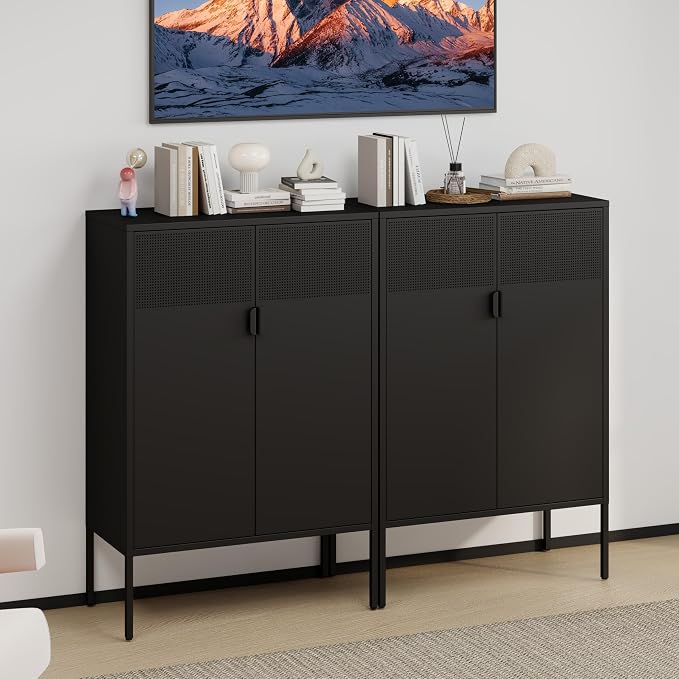 2 Mesh Door Metal Storage Cabinet with Adjustable Shelves, 3 Tier Steel Office Storage Cabinet 47''H Multipurpose Black Storage Cabinet, Metal Locker Storage Cabinet for Office, Home, Hallway