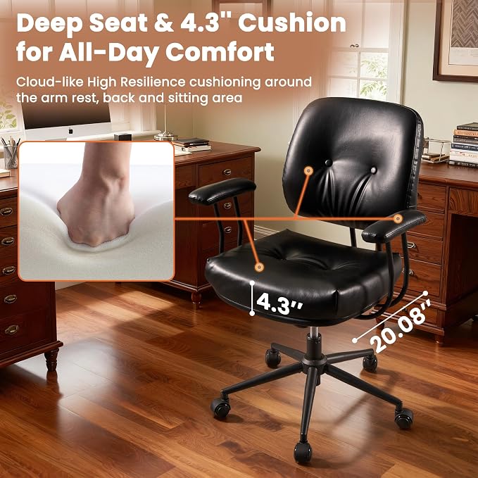 Leather Home Office Chair, Mid Back Ergonomic Desk Chair with Lumbar Support, Mid Century Modern Deep Seat Swivel Rocking Computer Chair, Black