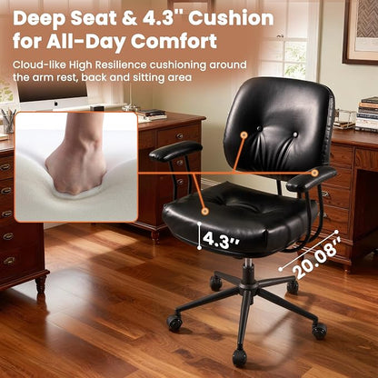 Leather Home Office Chair, Mid Back Ergonomic Desk Chair with Lumbar Support, Mid Century Modern Deep Seat Swivel Rocking Computer Chair, Black
