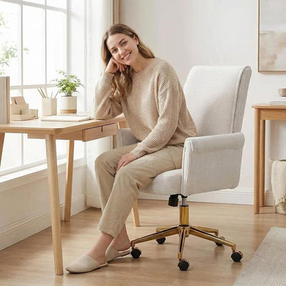 Striped Velvet Office Chair, 360° Swivel Ergonomic Task Chair with High Back, Gold Base and Wheels, Height Adjustable Modern Accent Chair for Home Office, Living Room, Study, Vanity Room (Cream)