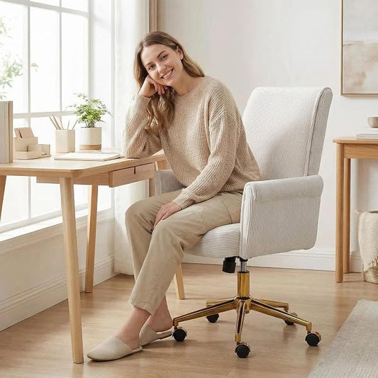 Striped Velvet Office Chair, 360° Swivel Ergonomic Task Chair with High Back, Gold Base and Wheels, Height Adjustable Modern Accent Chair for Home Office, Living Room, Study, Vanity Room (Cream)