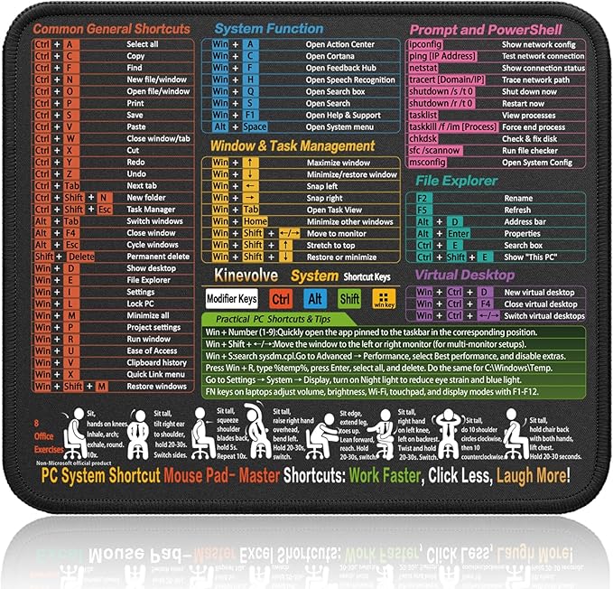 Kinevolve Mouse Pad for Windows Shortcuts – Small Window Cheat Sheet Desk Pad – 11.8"x9.8" Portable Computer Mousepad – Gaming, Office, Waterproof, Non-Slip, Stitched Edges