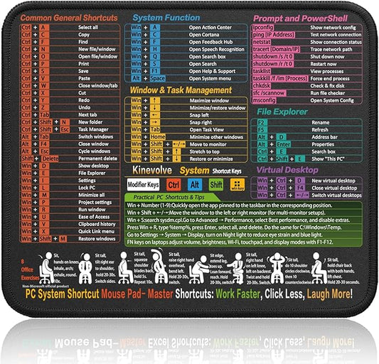 Kinevolve Mouse Pad for Windows Shortcuts – Small Window Cheat Sheet Desk Pad – 11.8"x9.8" Portable Computer Mousepad – Gaming, Office, Waterproof, Non-Slip, Stitched Edges