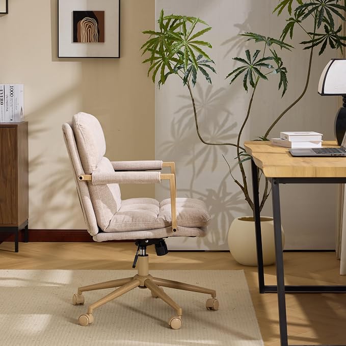 VINGLI Comfy Linen Office Desk Chair with Wheels & Detachable Cushions & Wood-Like Armrests,Swivel Small Computer Task Chair,Adjustable for Girl Makeup Vanity,Teen/Kids Study,Nail Tech,Sewing,Khaki
