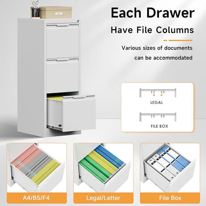Bestoo 3 Drawer File Cabinet with Lock, Filing Cabinets, Metal Vertical Filing Cabinets for Home Office, File Storage Cabinet for Letter/Legal/A4/F4 Size File, Easy Assembly