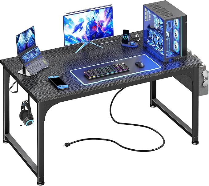 DurayLoly 47 x 24 inch Desk, 24mm Thick Heavy Duty Gaming Desk with RGB LED & Power Outlets, Detachable Stand, Hooks & Storage Bag, 110LBS Capacity, Home Office Computer Desk, Black