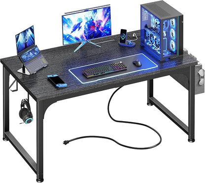 DurayLoly 47 x 24 inch Desk, 24mm Thick Heavy Duty Gaming Desk with RGB LED & Power Outlets, Detachable Stand, Hooks & Storage Bag, 110LBS Capacity, Home Office Computer Desk, Black