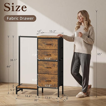 HIGDBFE Dresser with Hanging Rack, 4 Drawers Small Closet for Bedroom, Reversible Fabric Kids Chest of Drawers with Clothes Rack, Tall Storage Tower, Sturdy Frame, Rustic Brown, 44''H