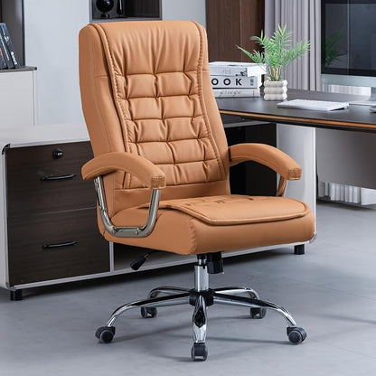 Executive Office Chair Adjustable Leather Chair High Back Swivel Office Desk Chair with Padded Armrest 350lbs Load-Bearing Spring Seat Computer Desk Chair for Home Office, Khaki