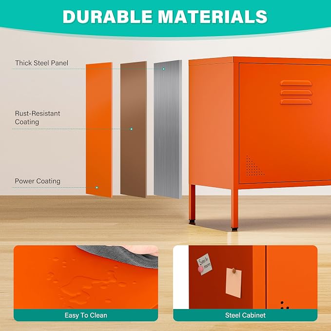 SISESOL Orange Metal Storage Cabinet with Doors and Shelves,2 Door Wide Metal Locker Accent Storage Cabinet with Leg & Vent Hole,Wide TV Cabinets,Low Side Cupboard for Home,Office,Dining/Living Room