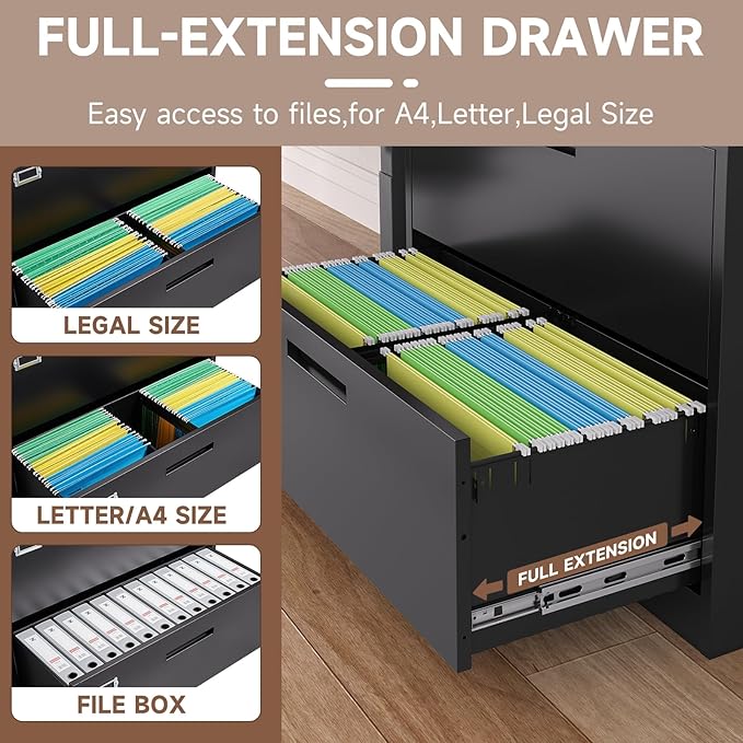 5 Drawer Lateral File Cabinet with Lock, Metal Filing Cabinets for Home Office, Wide Locking File Caninets, Black Office Storage Cabnet for Hanging Letter/Legal / A4 / F4 - Assembly Required