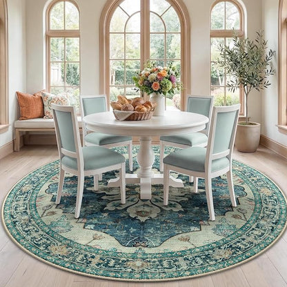 RELEANY Area Rugs Round 7ft Washable Non-Slip, Floral Vintage Distress Medallion Carpet for Living Room Bedroom Dining Room, Dark Blue Vintage